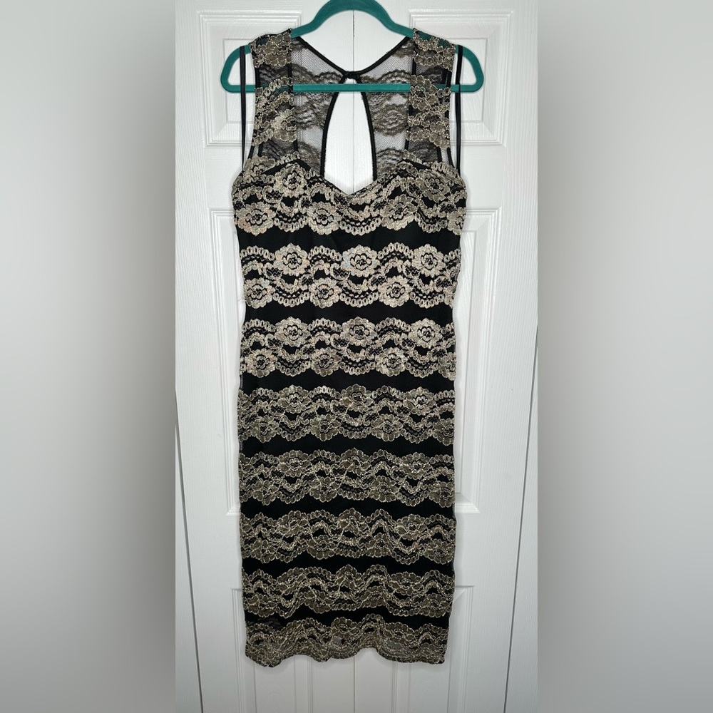Connected Apparel Black and Cream Lace Midi Dress - Size 16
